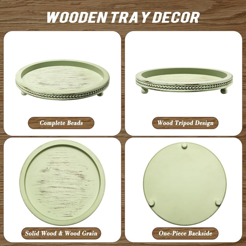 KULEDM Handmade Wooden Decorative Tray, Small Beaded Coffee Table Tray Decor, Sage Round Serving Tray for Coffee Table, Dining Room Table Entryway and Living Room Table - Image 5